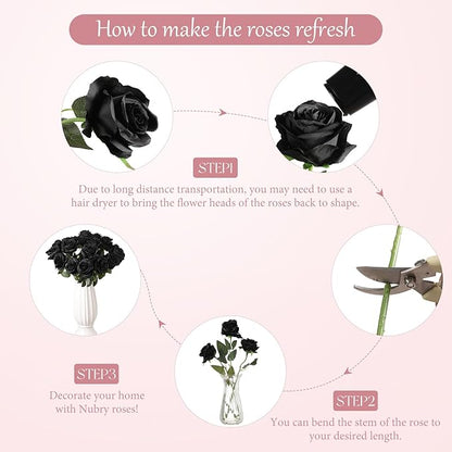 Nubry 24pcs Artificial Silk Roses Bulk,Fake Roses Flower with Stems Realistic Flowers for Wedding Centerpiece Home Party Decor(Black)