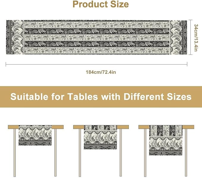 Vintage Bohemian Table Runner, Striped Black Grey Paisley Flower Boho Table Runner for Kitchen Dining Holiday Home Party, 13x70 Inch