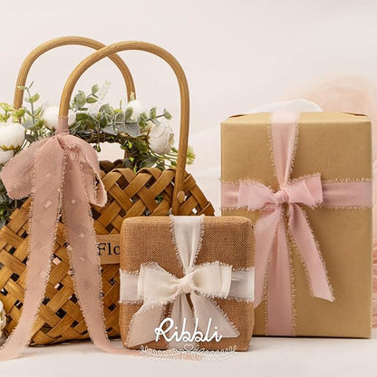 Ribbli Pink Ribbon 1 Inch x 3 Rolls Total 24 Yards Cream/Blush Pink/Rose Gold Handmade Fringe Chiffon Silk Ribbon for Wrapping Wedding Invitations Bridal Bouquets DIY Crafts Home Decor