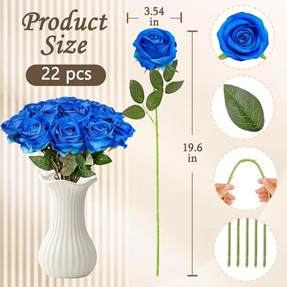 22 Pcs Artificial Roses - Realistic Velvet Flowers with Stems, Bulk Faux Roses for Home Wedding Party Decor (Blue)