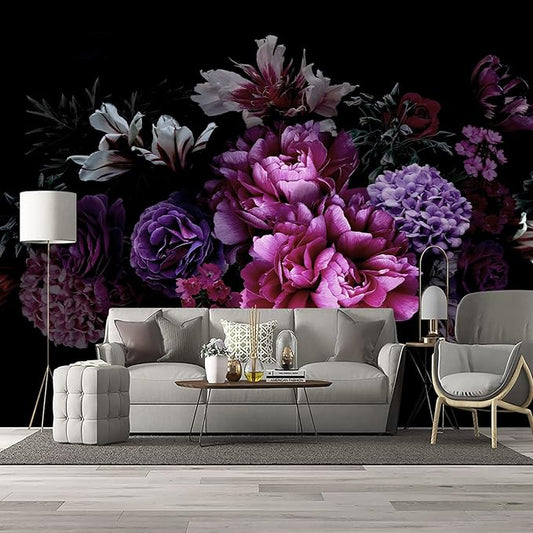 Black Peony Floral Wallpaper Bedroom Purple Botanical Flowers Leaf murals Living Room tv Background Large Wall Mural Aesthetic Room Decor - 160"x108" Not Peel and Stick