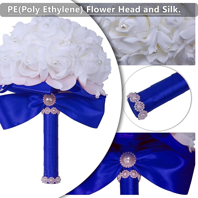 Wedding Bouquets for Brides or Bridesmaids Pearl Embellishment Roses Bridal Bridesmaid Wedding Hand Bouquet Artificial Fake Flowers.(Blue)