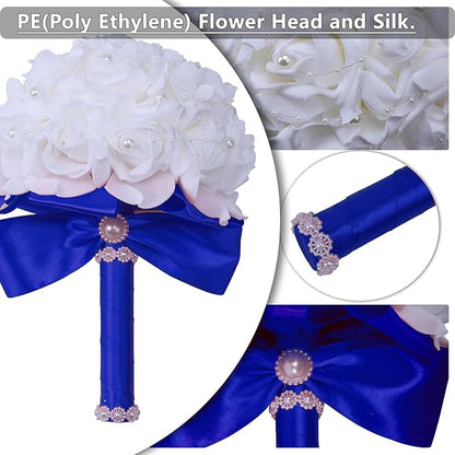 Wedding Bouquets for Brides or Bridesmaids Pearl Embellishment Roses Bridal Bridesmaid Wedding Hand Bouquet Artificial Fake Flowers.(Blue)