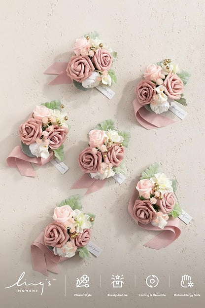 Ling's moment 6pcs Wedding Wrist Corsage Artificial Flowers, Girl/Mother Homecoming Prom Corsages Wristlet Décor, etc. Dusty Rose Pink