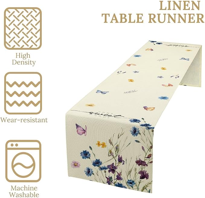 Blue Floral Table Runner, Spring Summer Watercolor Wildflower Butterfly Country Farmhouse Coffee Table Center Decor for Home Kitchen Dining Patio Holiday Party Table Decorations 13x90 inches