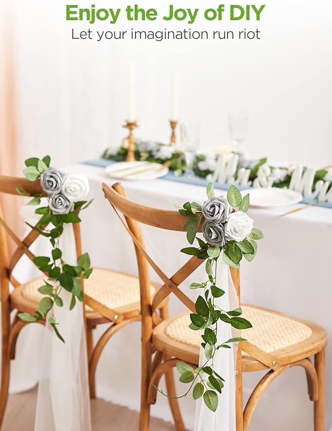 InnoGear Artificial Flowers, 50 Pcs Ivory White Foam Fake Roses Bulk with Stems for Decoration DIY Wedding Bouquets Centerpieces Bridal Shower Party Christmas Tree