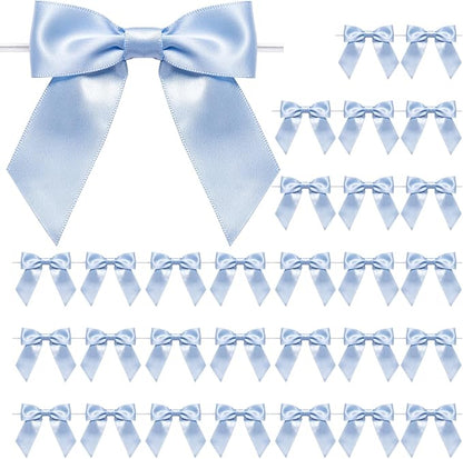 WRAPAHOLIC 30 Pcs 3" Dusty Blue Satin Ribbon Bows with Twist Tie - Pretied Premade Craft Bows for Christmas Party Crafts Treat Bags Gift Wrapping Wedding Birthday Baby Shower