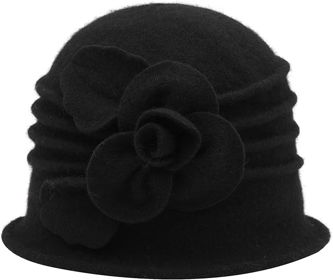 ZLYC Women Wool Cloche Bucket Hat 1920s Vintage Dress Winter Hats with Flower Accent