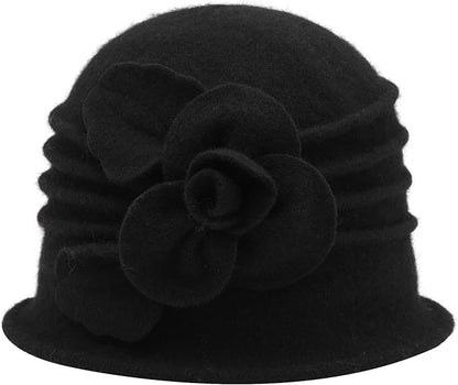 ZLYC Women Wool Cloche Bucket Hat 1920s Vintage Dress Winter Hats with Flower Accent