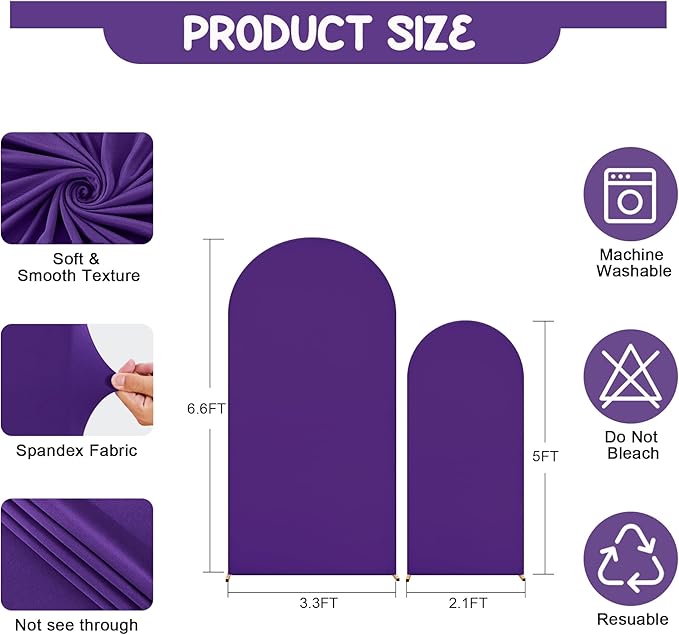 Purple Arch Backdrop Covers - 7.2FT, 6FT Spandex Fitted Wedding Arch Stand Covers Round Top Chiara Arch Backdrop Cover for Wedding Birthday Party Decoration