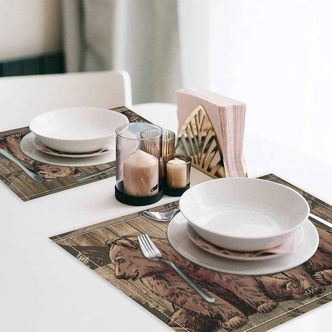 Rustic Lodge Bears Placemats Set of 4, Vintage Cabin Pine Tree Wooden Board Place Mats, Heat Resistant Non Slip Cotton Linen Dining Table Mats for Home Party Kitchen 18x12 Inch