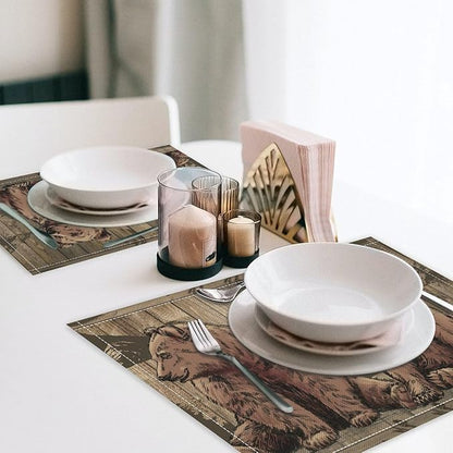 Rustic Lodge Bears Placemats Set of 4, Vintage Cabin Pine Tree Wooden Board Place Mats, Heat Resistant Non Slip Cotton Linen Dining Table Mats for Home Party Kitchen 18x12 Inch