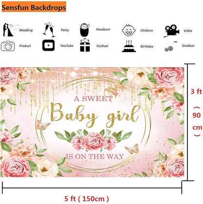 Sensfun Pink Floral Baby Girl Decorations - Glitter Gold Blush Flowers Photography Background - Baby Shower Party Supplies - 5x3ft