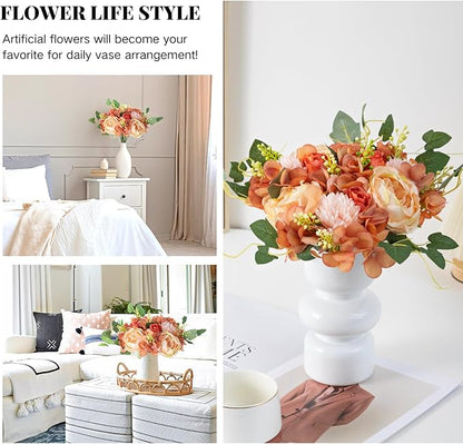 ASTRYAS 2 Bundles Artificial Flowers Bouquet, Fake Peony Silk Chrysanthemums Roses Faux Floral Arrangements for Home Decor Kitchen Table Centerpieces Decoration (Beige & Orange)