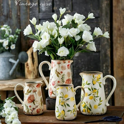 Retro Rustic Large Ceramic Vase with Handle, Distressed Farmhouse Pitcher for Home, Ideal Shelf Decor Floral Vase for Living Room Bedroom Office Table Centerpiece Decorations 9 Inch