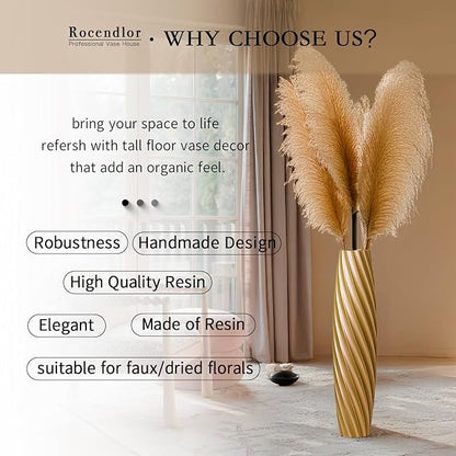 Tall Floor Vase, 23.6 inches Tall Vases Sturdy, Luxury, Textured for Decorative Branches Dried Flowers, Floor Vase for Rustic, Living Room, Shelf Decor (Gold)