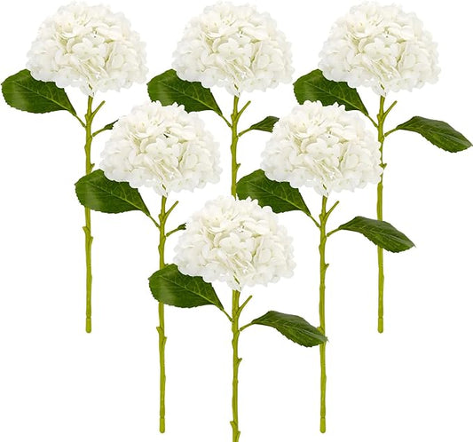 Hydrangea Artificial Flowers with Stems 6 PCS 19.3" Latex Faux Hydrangea Fake Flowers Bulk Real Touch for Vase Indoor Home Decoration Wedding Centerpieces Arrangements (White)