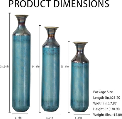 Set of 3 Large Floor Vases, Modern Aqua Blue Metal Vases for Home Decor, Glazed Decorated Tall Vases 20.4 24.4 28.3 Inch for Wedding Living Room
