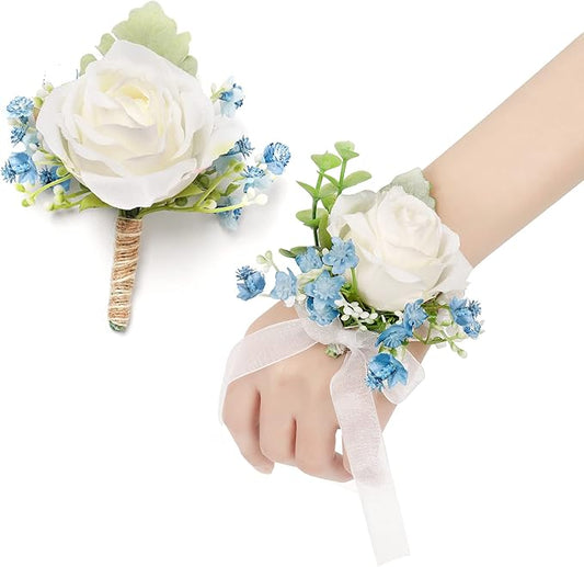 White & Blue Rose Corsage and Men Boutonniere Set for Wedding Ivory Corsages Wristlet Band Bracelet for Wedding Flowers Accessories Prom Homecoming Suit Decorations