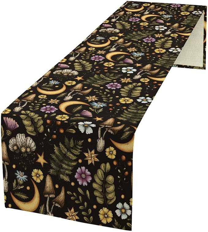 Vintage Mushroom Table Runner, Rustic Botanical Flowers Fern Moon Star Print Table Runner for Home Kitchen Dining Table Decoration Indoor Outdoor Party, 13x120inch