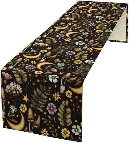 Vintage Mushroom Table Runner, Rustic Botanical Flowers Fern Moon Star Print Table Runner for Home Kitchen Dining Table Decoration Indoor Outdoor Party, 13x70inch