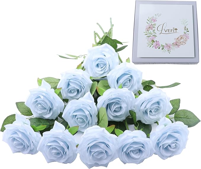 12pcs Artificial Rose Flower Ice Blue Rose Flower with Long Stem Silk Roses Bouquet for Wedding Bridal Shower Party Home Decoration