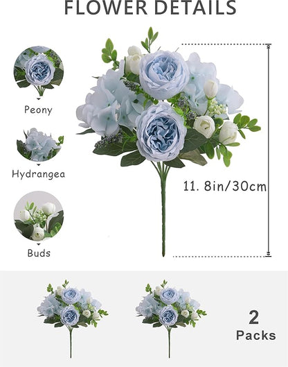 2 Bunches Artificial Peonies Flowers Silk Blue Peonies Fake Hydrangea Flowers Arrangements Table Centerpiece Faux Flores for Bridal Wedding Home Decor (2, Blue White)