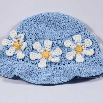 Crochet Bucket Hat for Women Flower Knit Hat Hollow Out Foldable Cap Hats