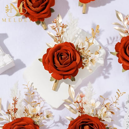 Meldel Burnt Orange Velvet Rose Boutonniere for Men,Set of 6,Groom and Best Man Boutonnieres with Artificial Flower,for Wedding Ceremony Anniversary, Dinner Party, Fall Vintage Rustic Marriage Prom