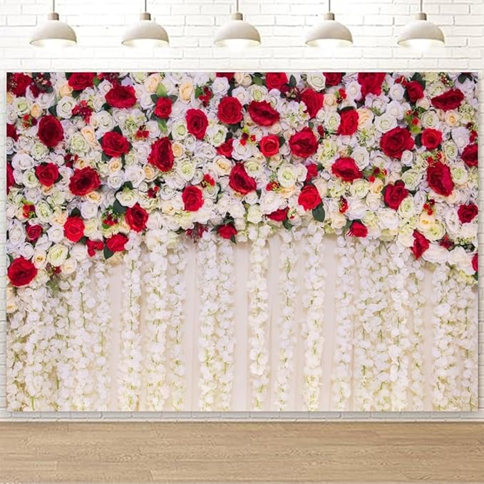 5x3ft White Red Flowers Wall Backdrops Wedding Floral Background Spring Blooming Roses Photography Banner for Bridal Shower Mothers Day Birthday Womens Day Valentines Day Baby Shower Decor