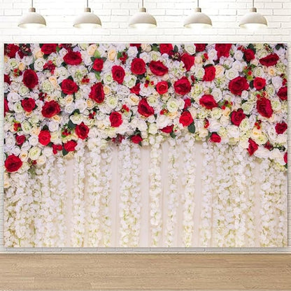 7x5ft White Red Flowers Wall Backdrops Wedding Floral Background Spring Blooming Roses Photography Banner for Bridal Shower Mothers Day Birthday Womens Day Valentines Day Baby Shower Decor