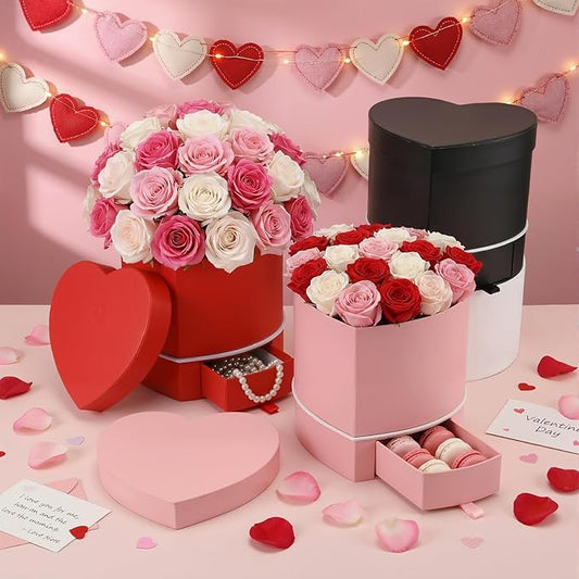 Fullhawl 4 Pcs Valentine's Day Heart Shaped Flower Boxes with Drawer - 6.1x5.5x5.7 in, 4 Colors Small Floral Gift Box for Bouquets Jewelry - Perfect for Flower Shop or Weddings Proposals Birthdays