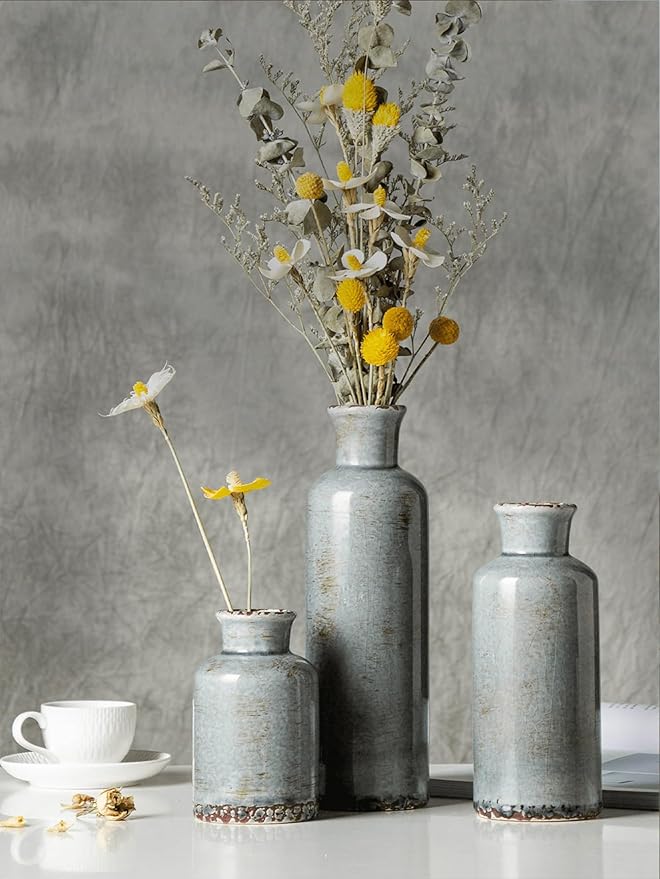 CwlwGO- Ceramic Rustic Vintage Blue Vase, Suitable for Home Decoration, 3 Piece Set of Glazed Decorative Vases, Kitchen, Bedroom.Living Room Table,Shelf Decorations.