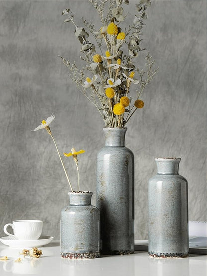 CwlwGO- Ceramic Rustic Vintage Blue Vase, Suitable for Home Decoration, 3 Piece Set of Glazed Decorative Vases, Kitchen, Bedroom.Living Room Table,Shelf Decorations.