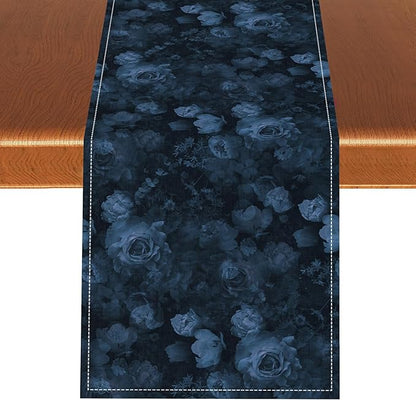 Gothic Floral Table Runner, Retro Dark Blue Flower Garden Witchy Rose Print Coffee Table Center Decor for Home Kitchen Dining Patio Holiday Party Indoor Outdoor Table Decorations 13x108 inches
