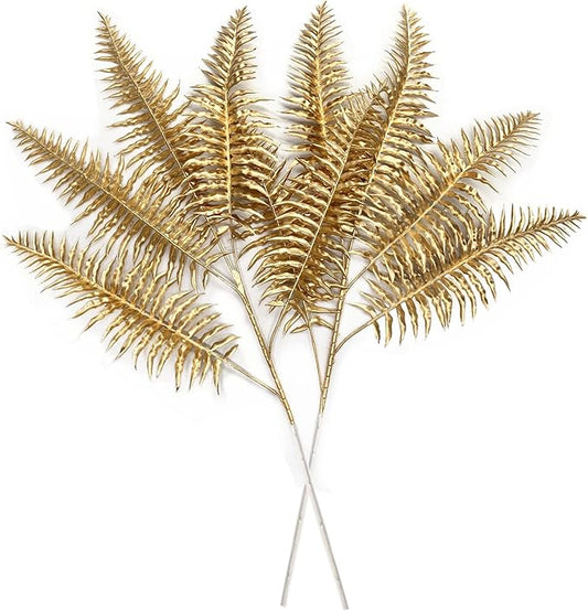 CATTREE Artificial Plants Gold Persian Grass Tall 29" 2 Pack, Fake Golden Palm Leaves Plastic Fern Boston Bushes Faux Shrubs Simulated Tropical Leaf for Party Decorations Wedding DIY Christmas Décor