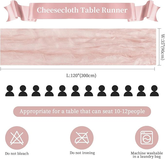 6 Pack Dusty Pink Cheesecloth Table Runner 10FT Long Boho Gauze Table Runner Rustic Sheer Runner for Wedding Bridal Baby Shower Birthday Party Table Decor Thanksgiving Christmas Decorations