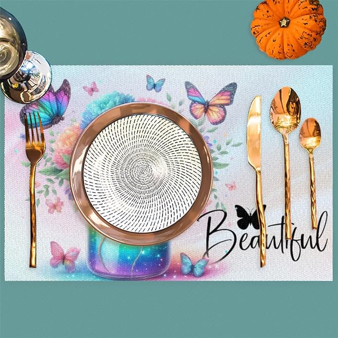 PVC Placemats Set of 4 Rainbow Flower Butterfly Wipeable Table Mats Washable Heat Resistant Non Slip Vinyl Dining Table Mat for Kithen Indoor Outdoor Patio Farmhouse Place Mats Decorative