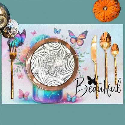 PVC Placemats Set of 4 Rainbow Flower Butterfly Wipeable Table Mats Washable Heat Resistant Non Slip Vinyl Dining Table Mat for Kithen Indoor Outdoor Patio Farmhouse Place Mats Decorative