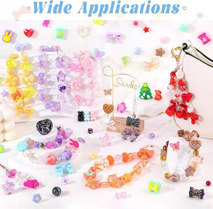 Assorted Acrylic Beads, 200-260PCS Rose Pink Cute Beads for Bracelet Making, GummyBear Bow Flower Kawaii Charms for Jewelry Making DIY Necklace Keychain Phone Charm Christmas Gift