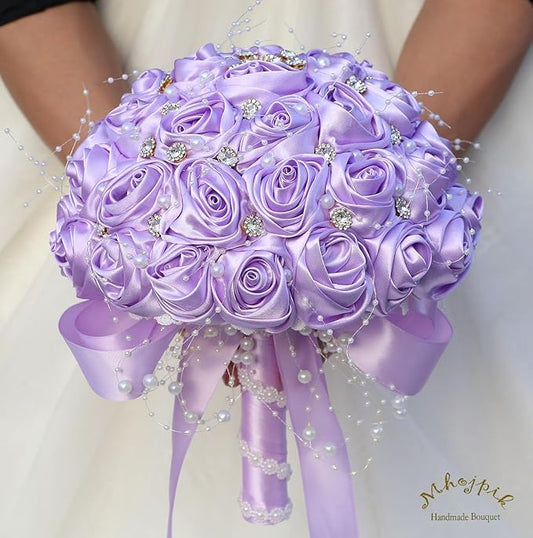 Bridal Wedding Bouquet Round Bling Brooch Bouquet Throw Toss Artificial Rose Flower Bunch for Bride Bridesmaid Wedding Quinceanera(Light Purple, 8.7")