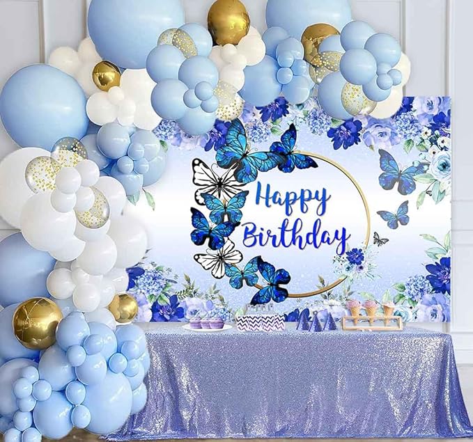 Butterfly Happy Birthday Backdrop Royal Blue Floral Photography Background Women Girls Blue Flowers Birthday Wishes Party Decorations Banner Supplies Photo Booth 8x6ft