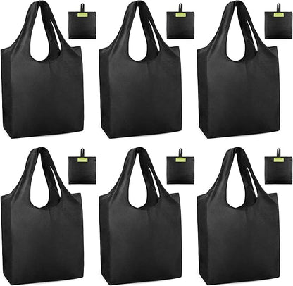 BeeGreen Black Tote Bag Shopping Bags for Groceries & Reusable Grocery Bag Heavy Duty, Large Tote Bag for Women, Foldable 6 Pack Gift Bags With Handles, Cute Cloth Washable for Holiday Travel & Bulk