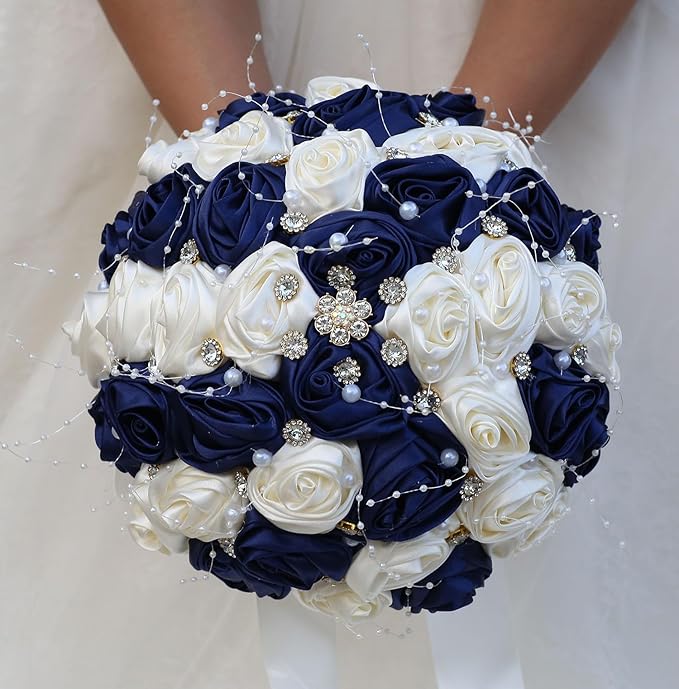Bridal Wedding Bouquet Round Bling Brooch Bouquet Throw Toss Artificial Rose Flower Bunch for Bride Bridesmaid Wedding Quinceanera(Navy Blue & Ivory, 6.3")