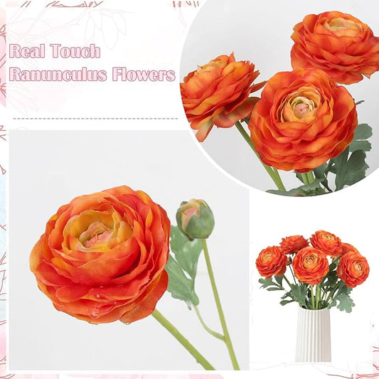 6PCS Orange Ranunculus Artificial Flowers Real Touch Peonies Silk Ranunculus Flowers with Stems for DIY Wedding Bouquet Party Table Home Decor(Orange)