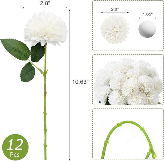 SITUMEIZI 12 Pcs White Artificial Chrysanthemums Flowers Ball Flower Fake Mums Silk for Wedding Home Kitchen Decoration Floral Arrangement