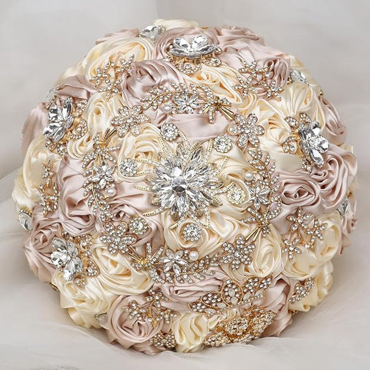 Handmade Satin Rose Floral Bling Pearl Decor Bridal Wedding Bouquet Rhinestone Pendant Artificial Brooch Flowers for Bride Bridesmaid Quinceanera