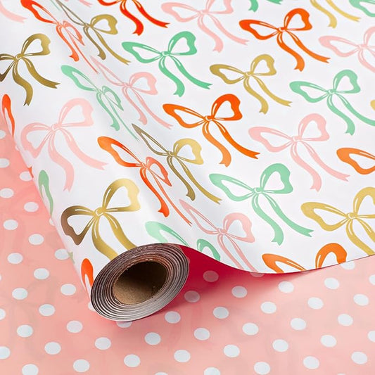 Afucus Reversible Bow Wrapping Paper, Wave point Themed Gift Wrapping Paper, Cute Mini Rolls for Girls, Women, Valentine's Day, Birthday, Mother's Day, Wedding, Baby Shower (17 Inch X 33 Feet)