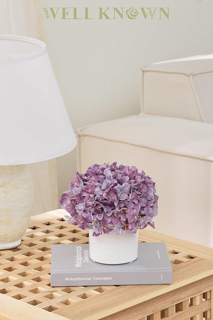 Hydrangea Fake Flowers in Vase, Artificial Flowers with Ceramic Vase Small Faux Potted Floral Arrangements for Bathroom Home Desk Kitchen Counter Vanity Shelf Coffee Table Centerpiece Decor (Purple)