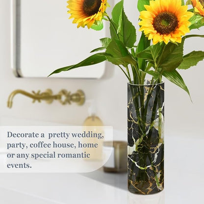 Flower Vase for Centerpieces, Black White Gold Marble Print Plastic Cylinder Vase, Clear Bud Vases for Home Wedding Office Table Decor